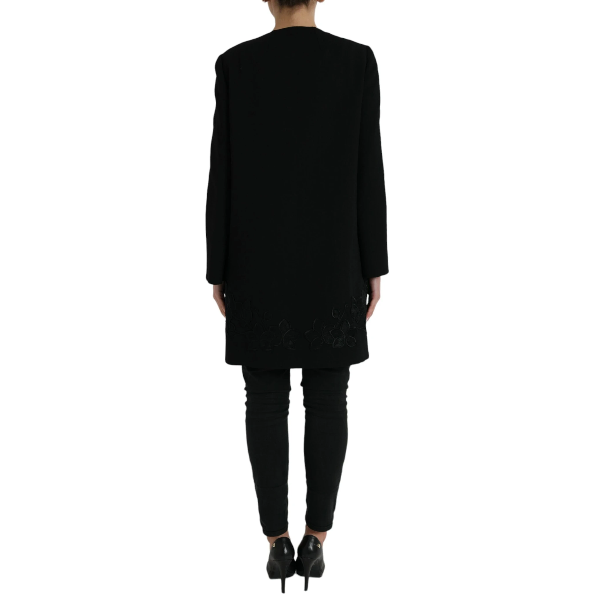 Black Floral Wool Button Embellished Jacket