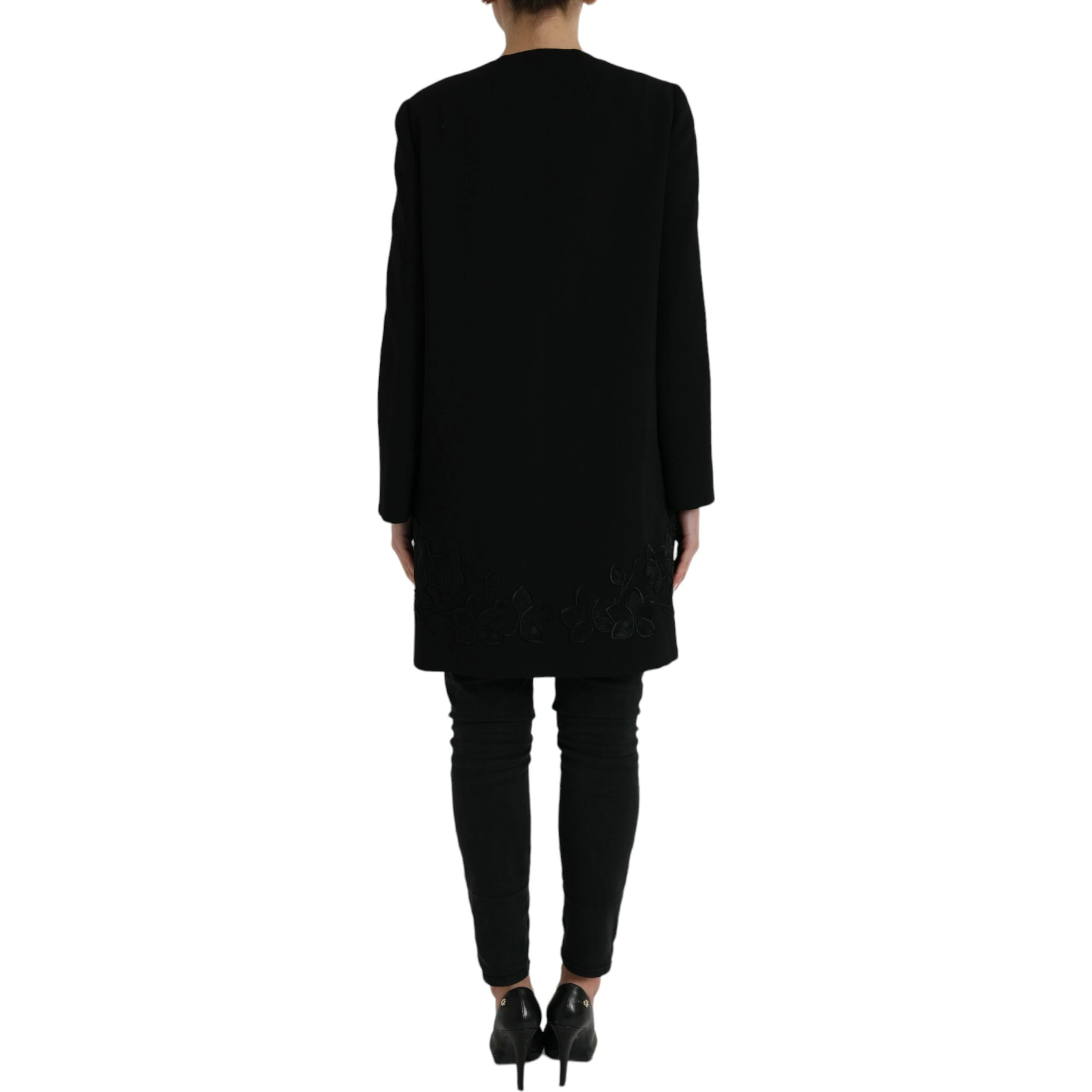Black Floral Wool Button Embellished Jacket