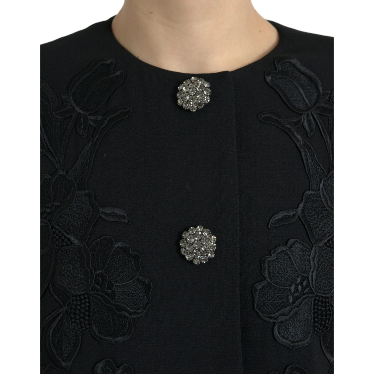 Black Floral Wool Button Embellished Jacket