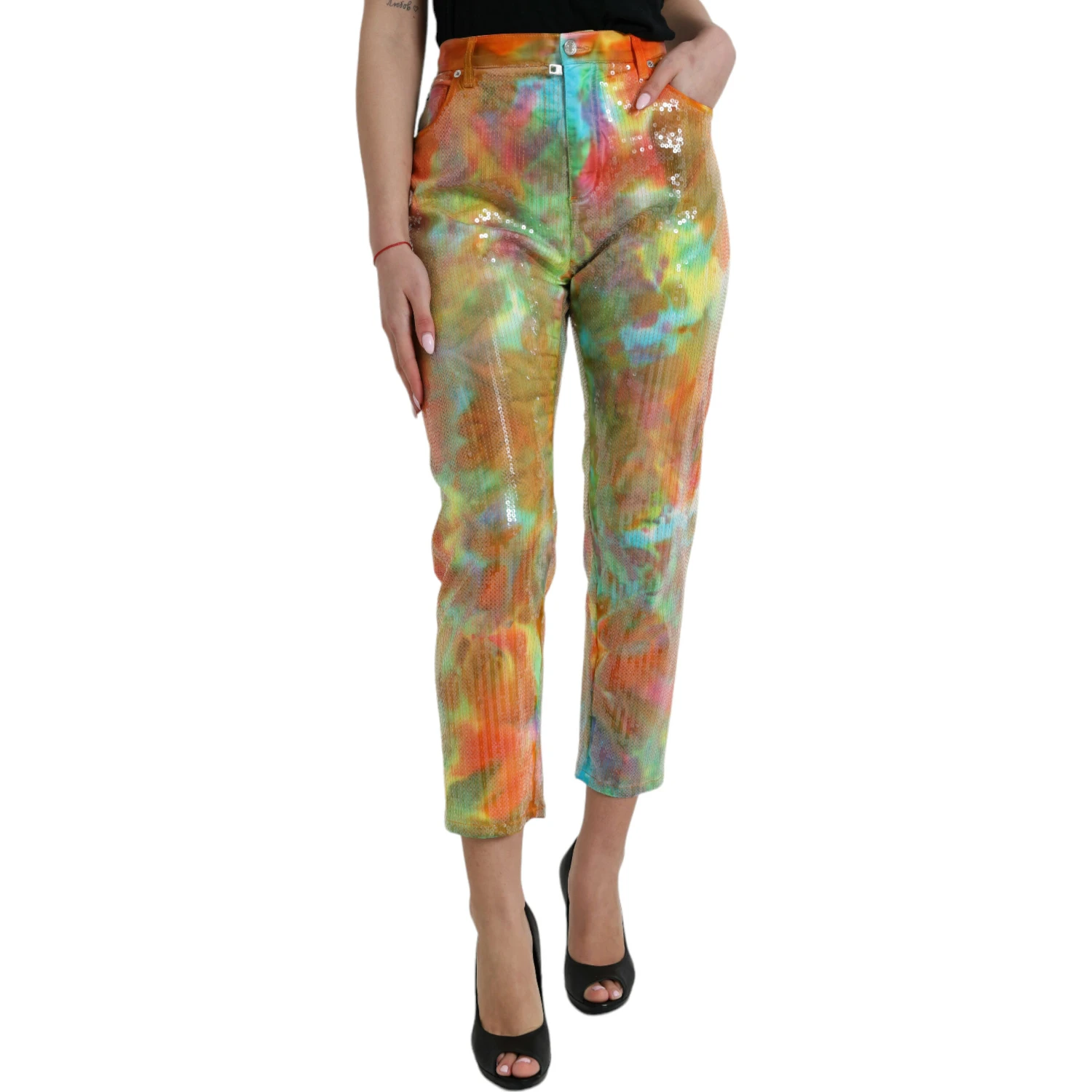 Multicolor Tie Dye Sequined High Waist Cropped Pants
