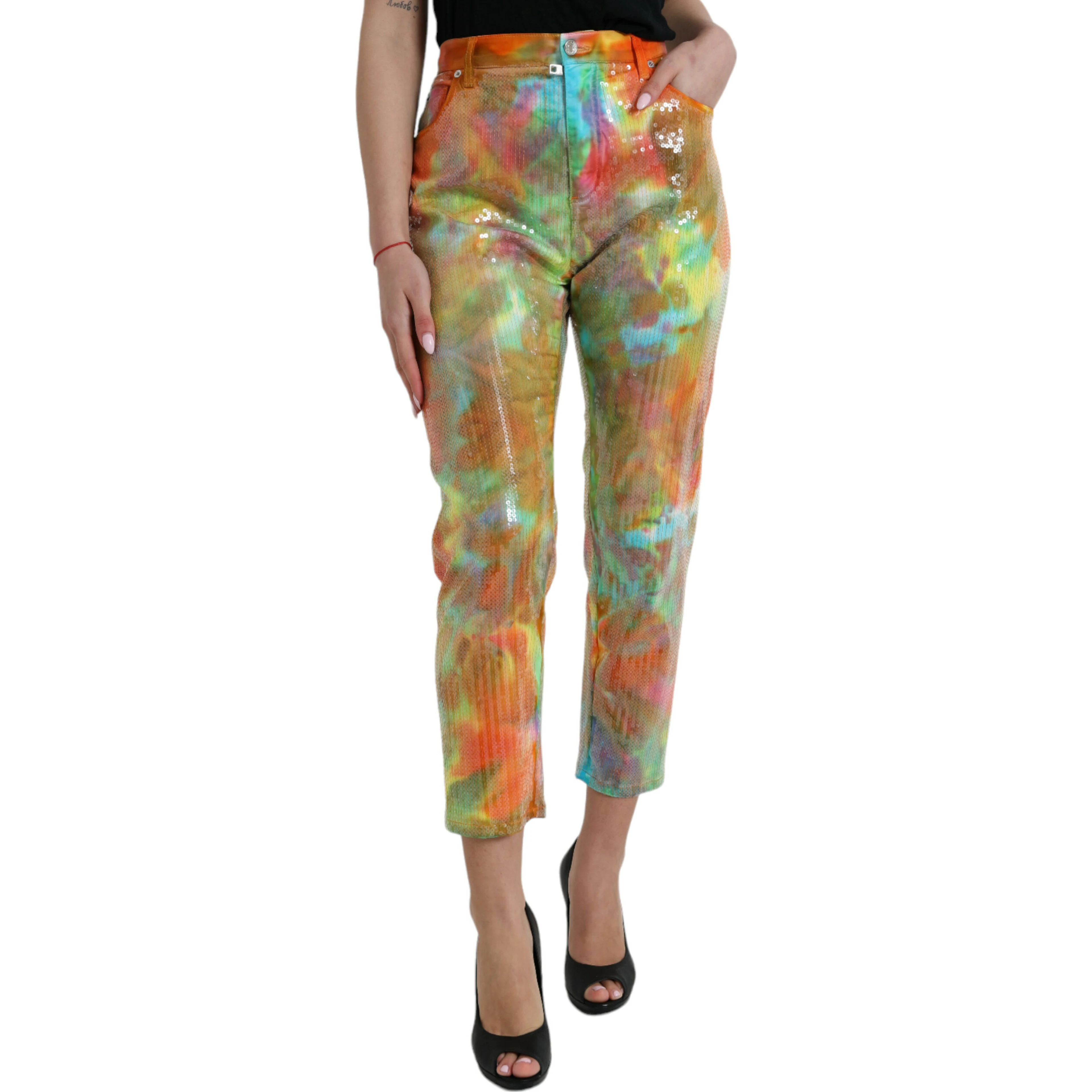 Multicolor Tie Dye Sequined High Waist Cropped Pants
