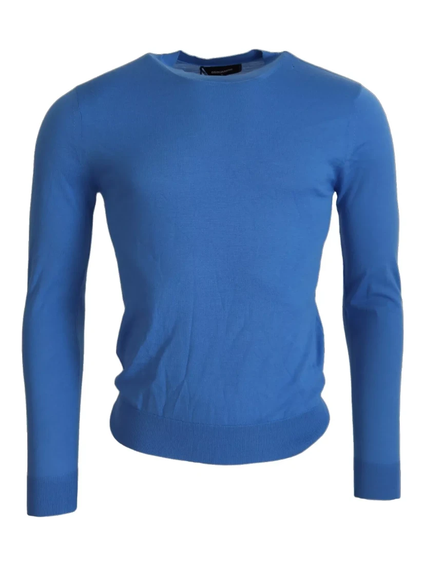 Blue Wool Long Sleeves Crewneck Pullover Sweater