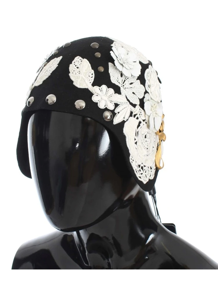Black Wool White Floral Gold Leaf Hat