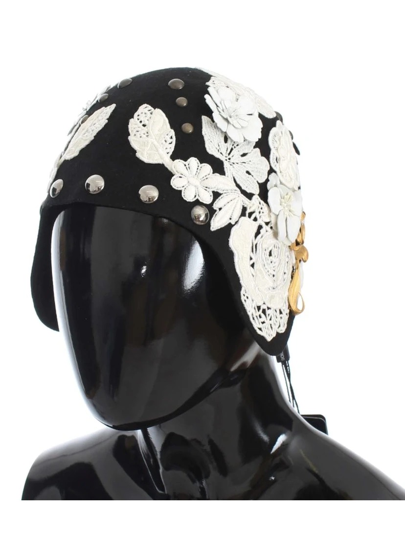 Black Wool White Floral Gold Leaf Hat