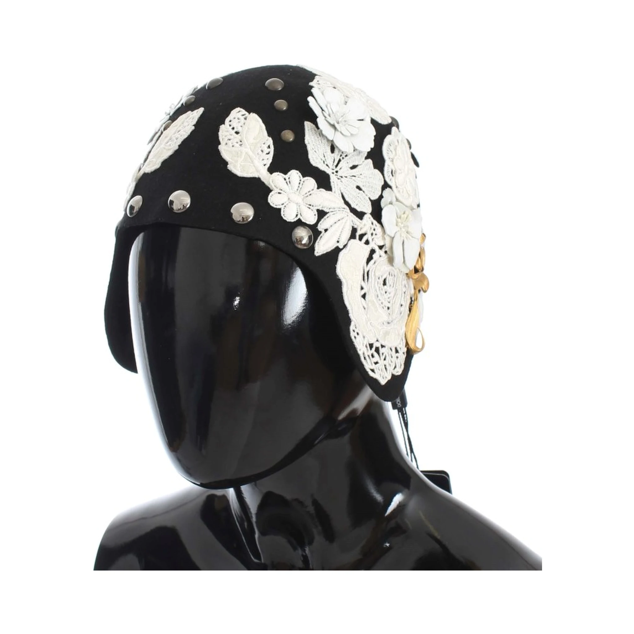 Black Wool White Floral Gold Leaf Hat