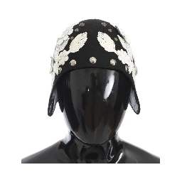 Black Wool White Floral Gold Leaf Hat