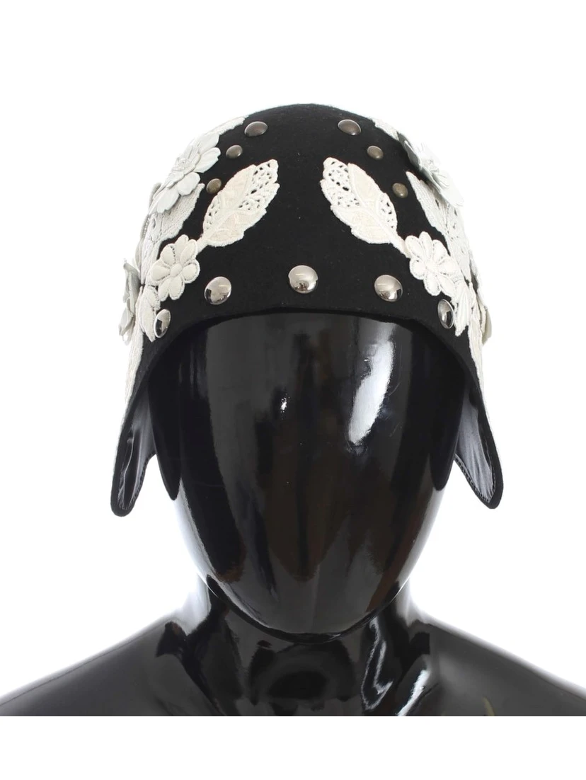 Black Wool White Floral Gold Leaf Hat
