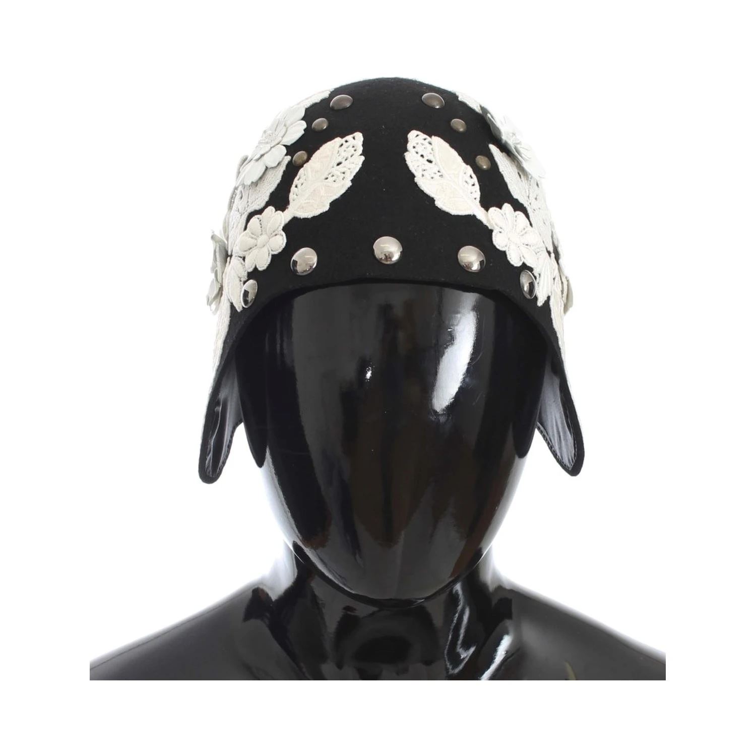 Black Wool White Floral Gold Leaf Hat