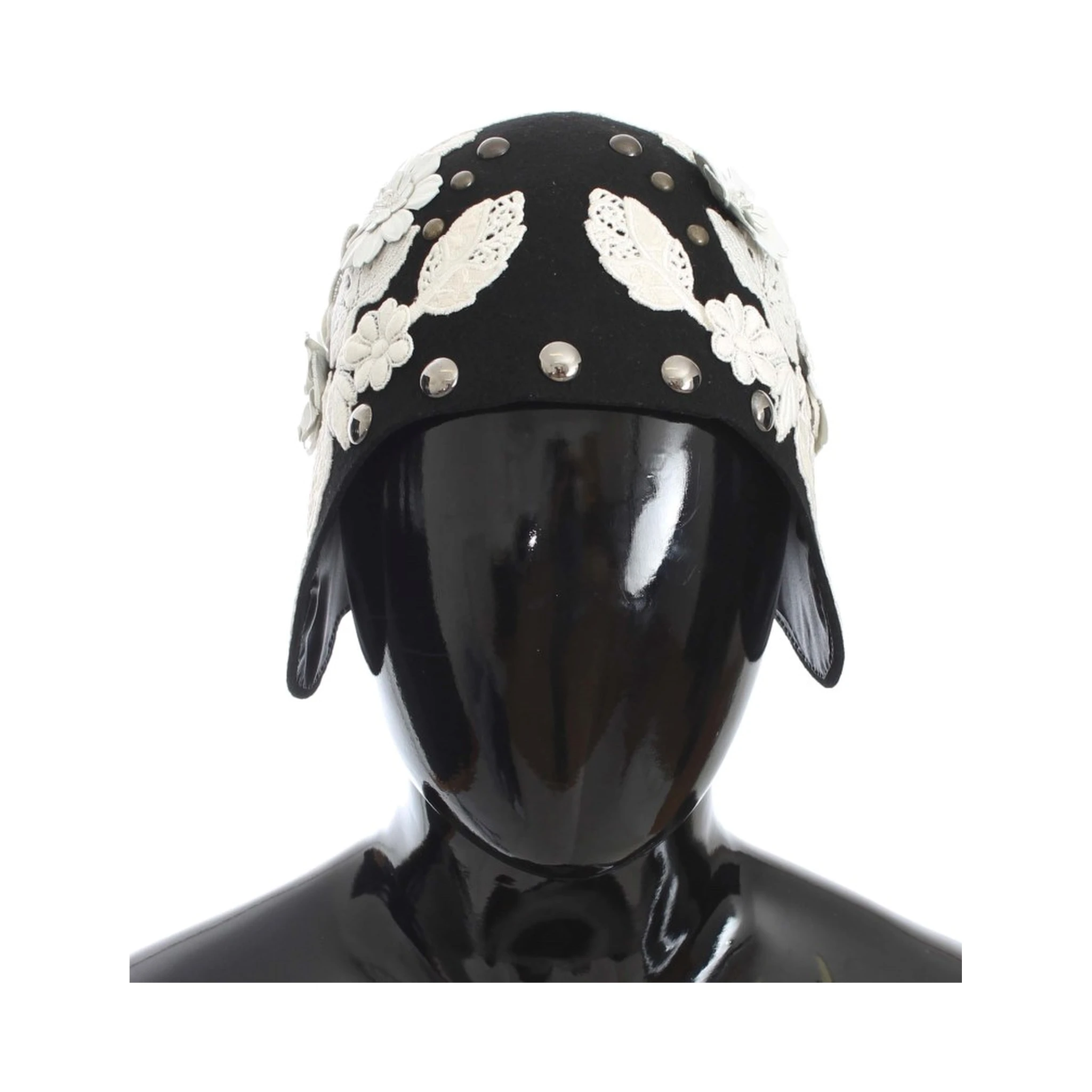 Black Wool White Floral Gold Leaf Hat