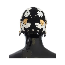 Black Wool White Floral Gold Leaf Hat