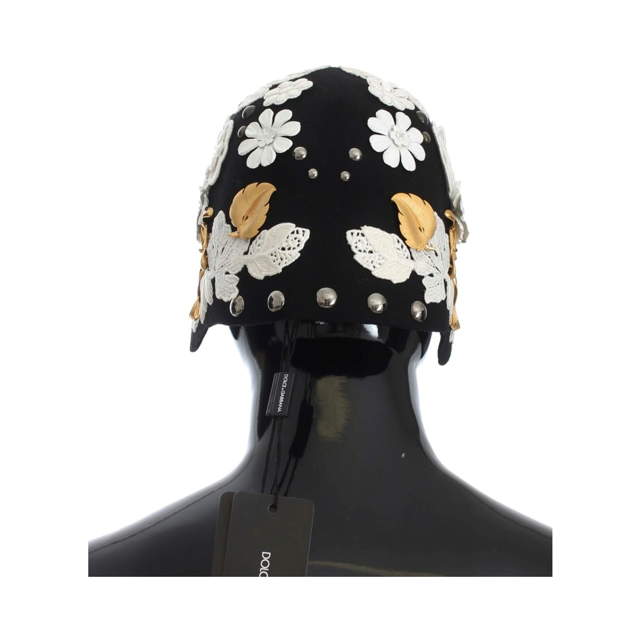Black Wool White Floral Gold Leaf Hat