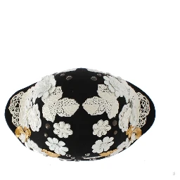 Black Wool White Floral Gold Leaf Hat