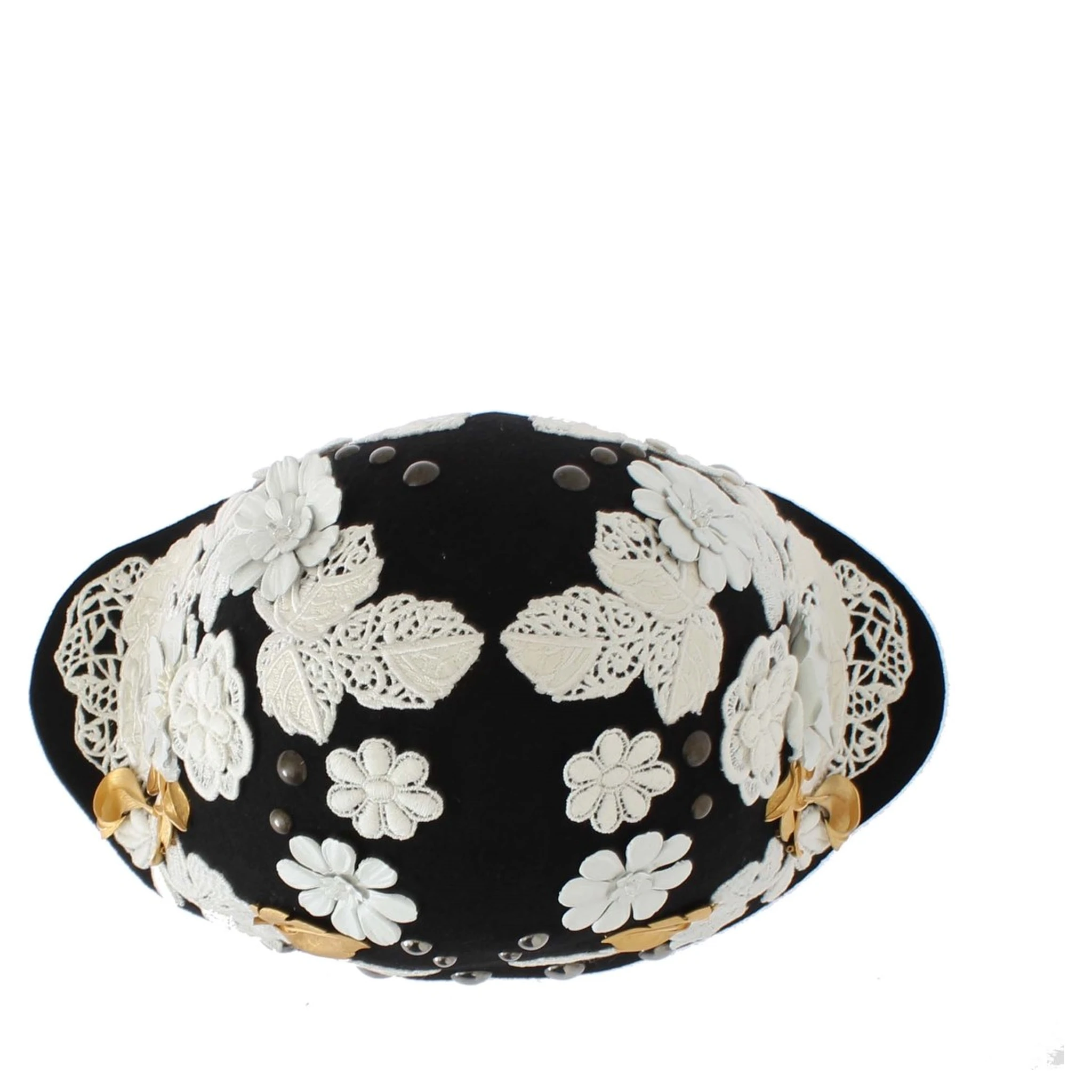 Black Wool White Floral Gold Leaf Hat