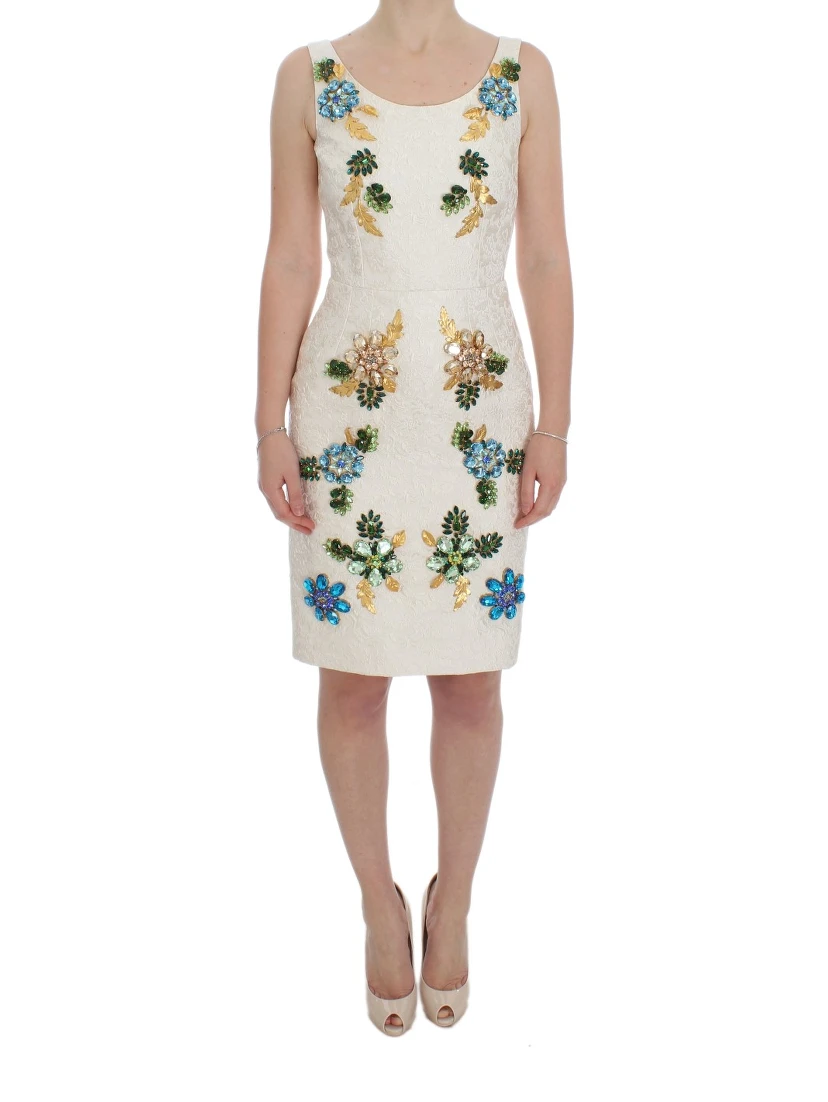 White Brocade Crystal Sheath Dress