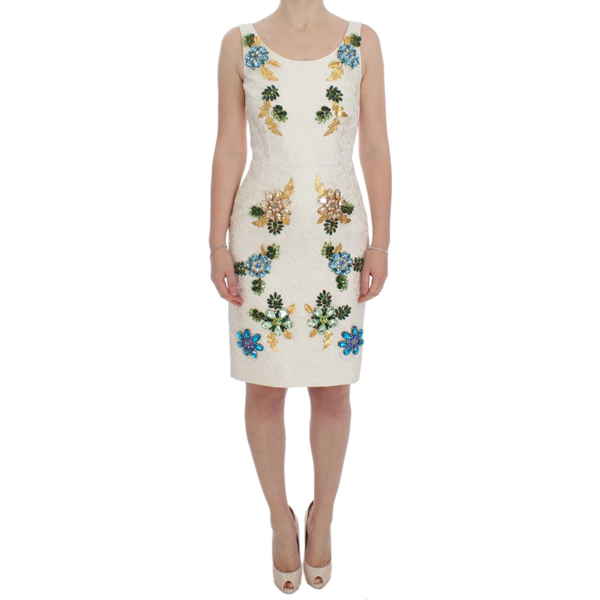 White Brocade Crystal Sheath Dress