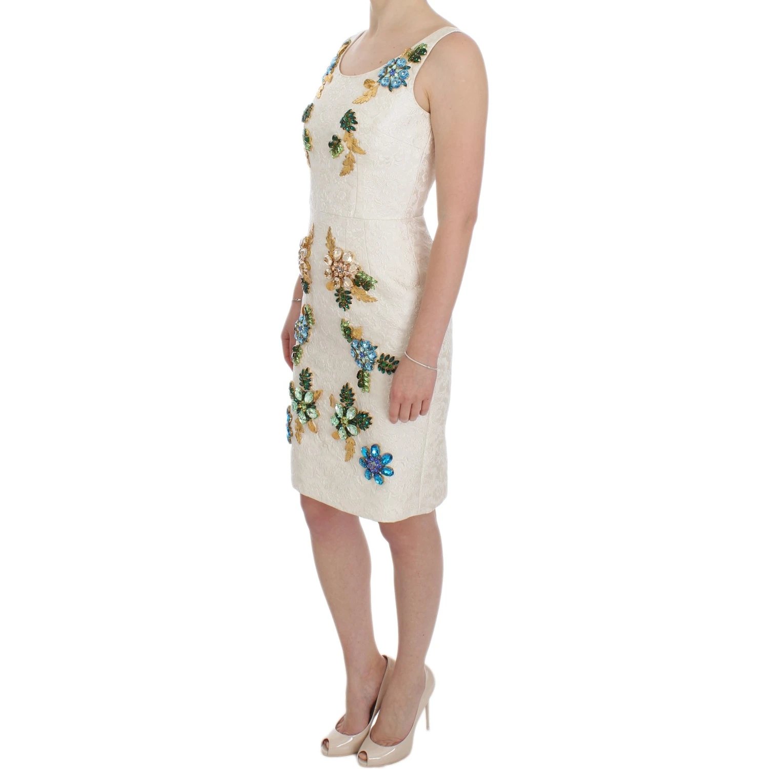 White Brocade Crystal Sheath Dress