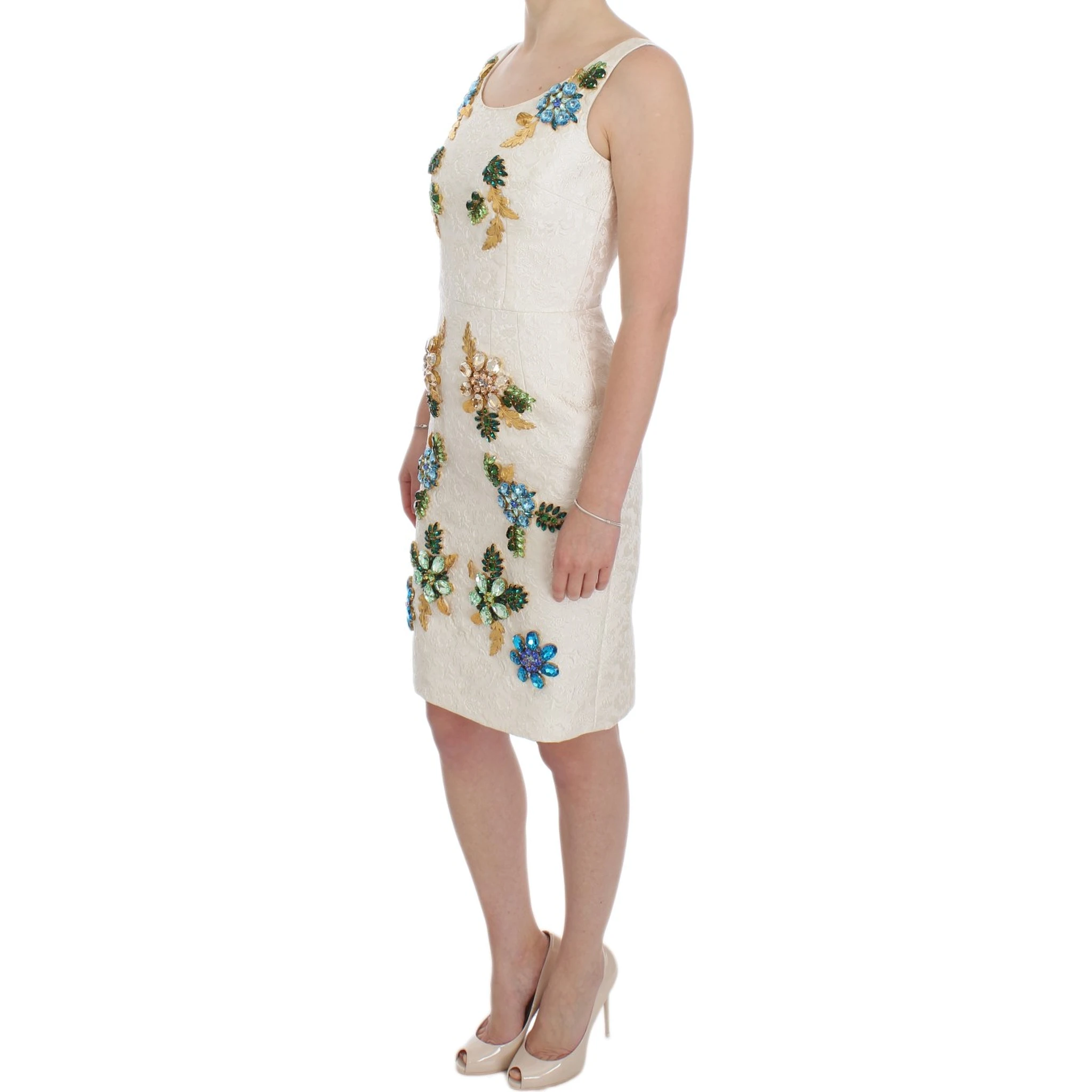 White Brocade Crystal Sheath Dress