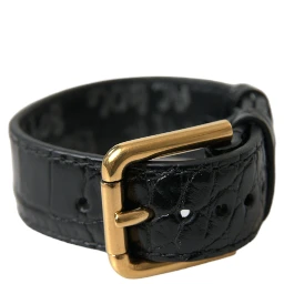 Black Textured Leather Gold Tone Metal Buckle Armband