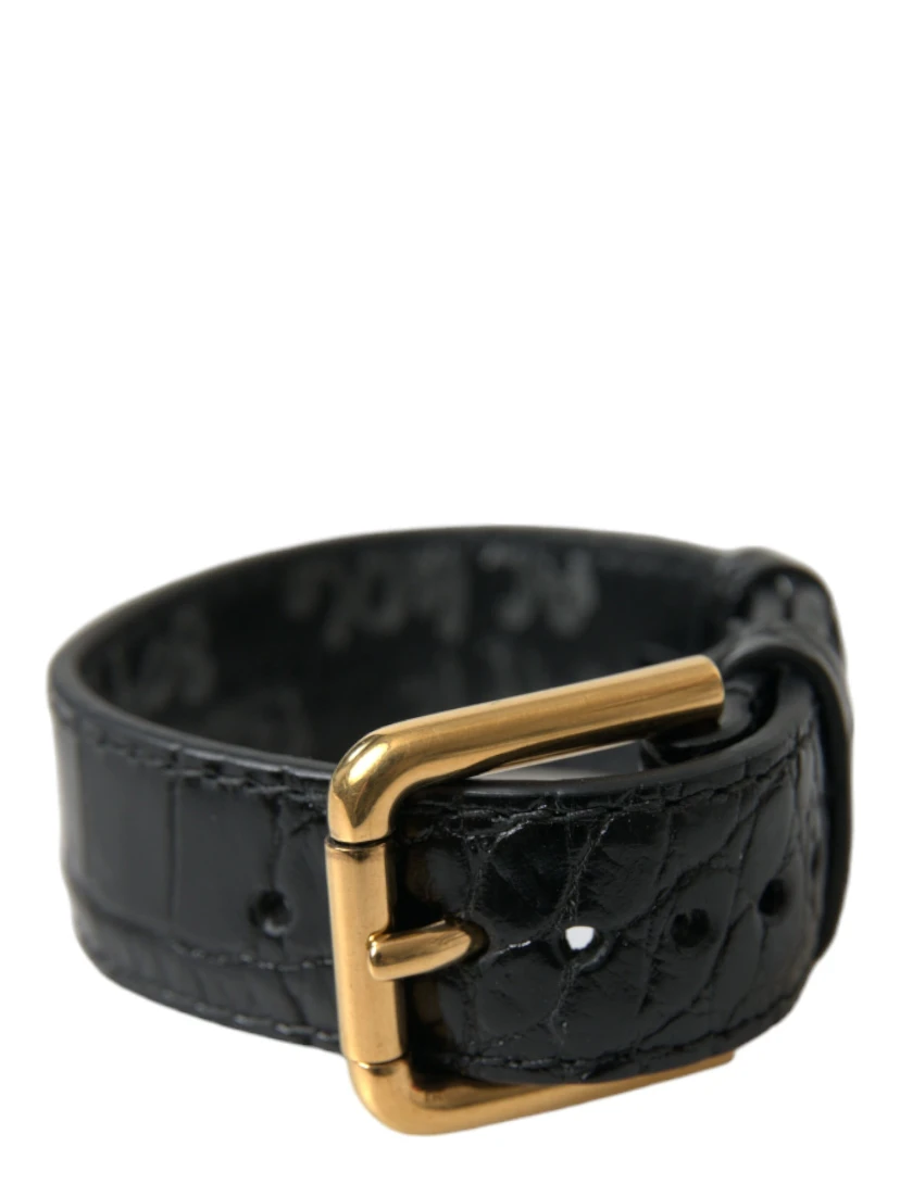 Black Textured Leather Gold Tone Metal Buckle Armband