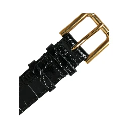 Black Textured Leather Gold Tone Metal Buckle Armband
