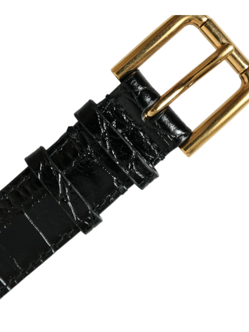 Black Textured Leather Gold Tone Metal Buckle Armband