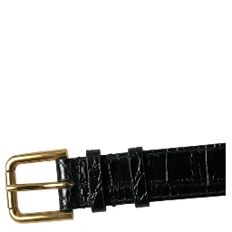 Black Textured Leather Gold Tone Metal Buckle Armband