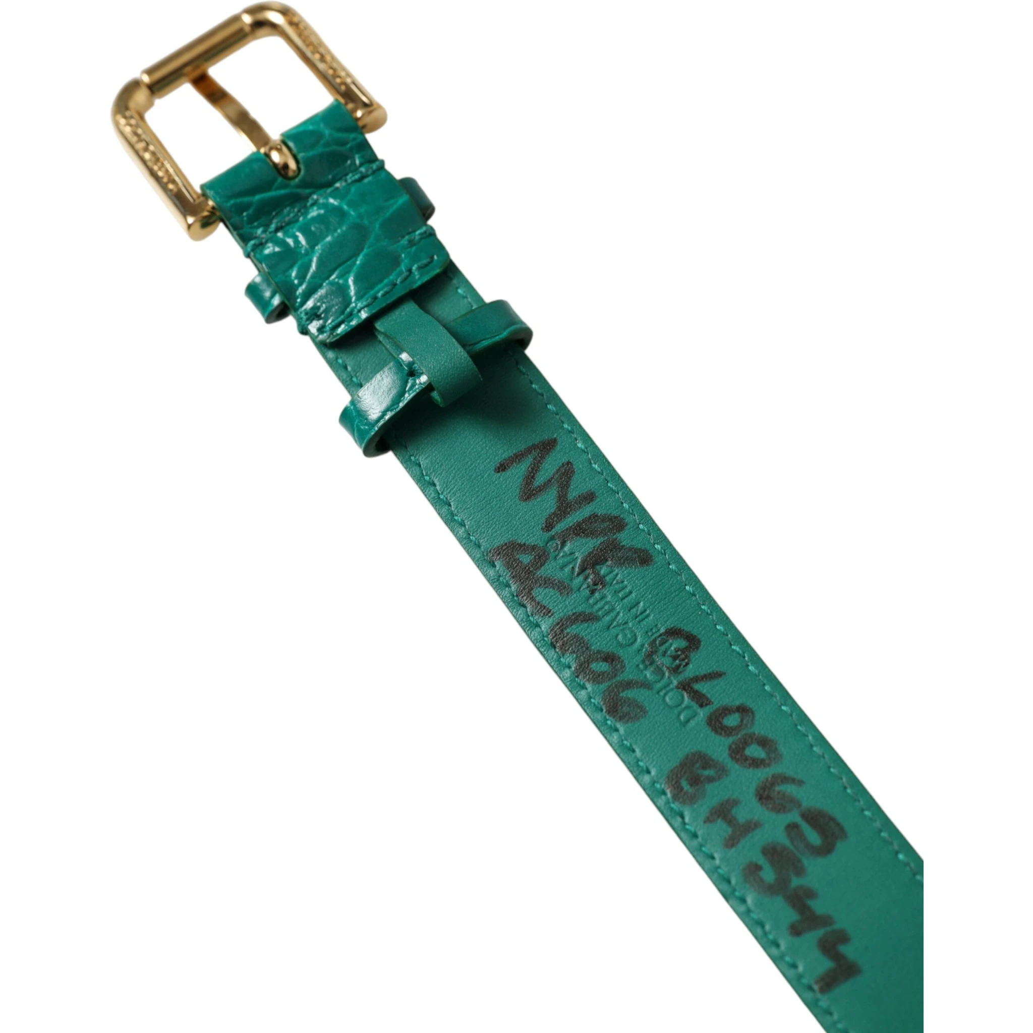 Green Textured Leather Gold Tone Metal Buckle Neckband