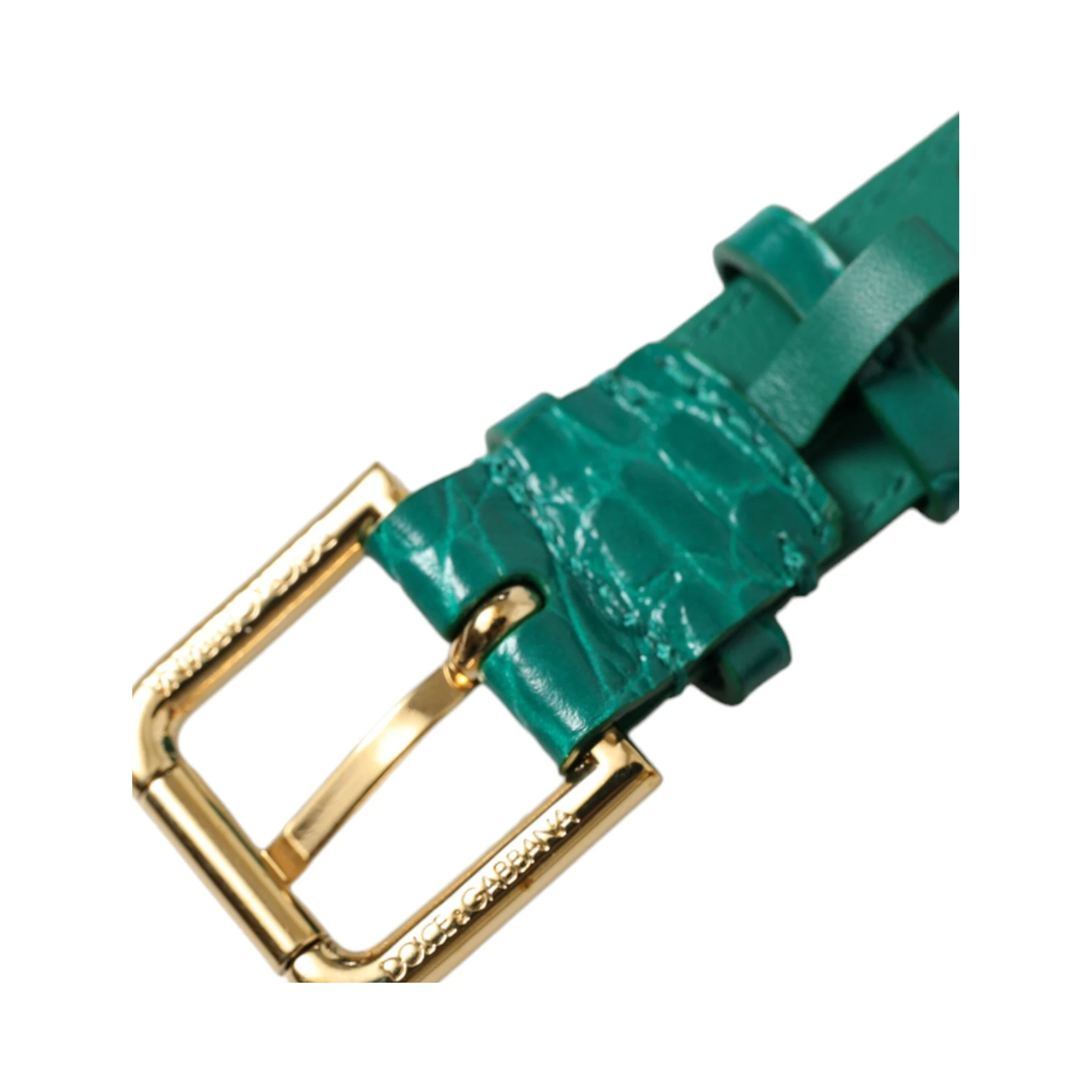 Green Textured Leather Gold Tone Metal Buckle Neckband