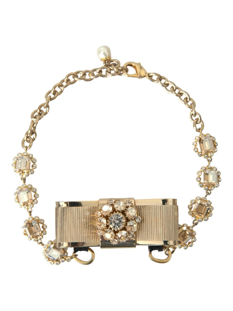 Gold Brass Clear Crystal Bow Chain Choker Necklace