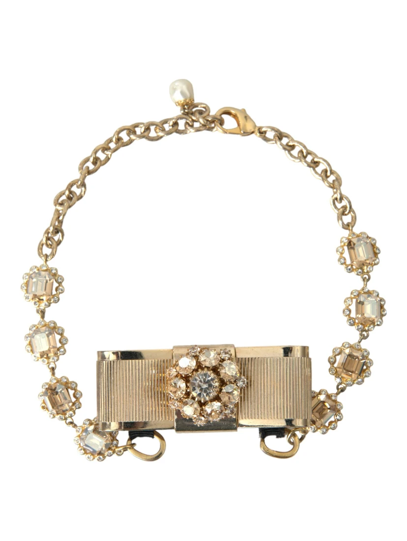 Gold Brass Clear Crystal Bow Chain Choker Necklace