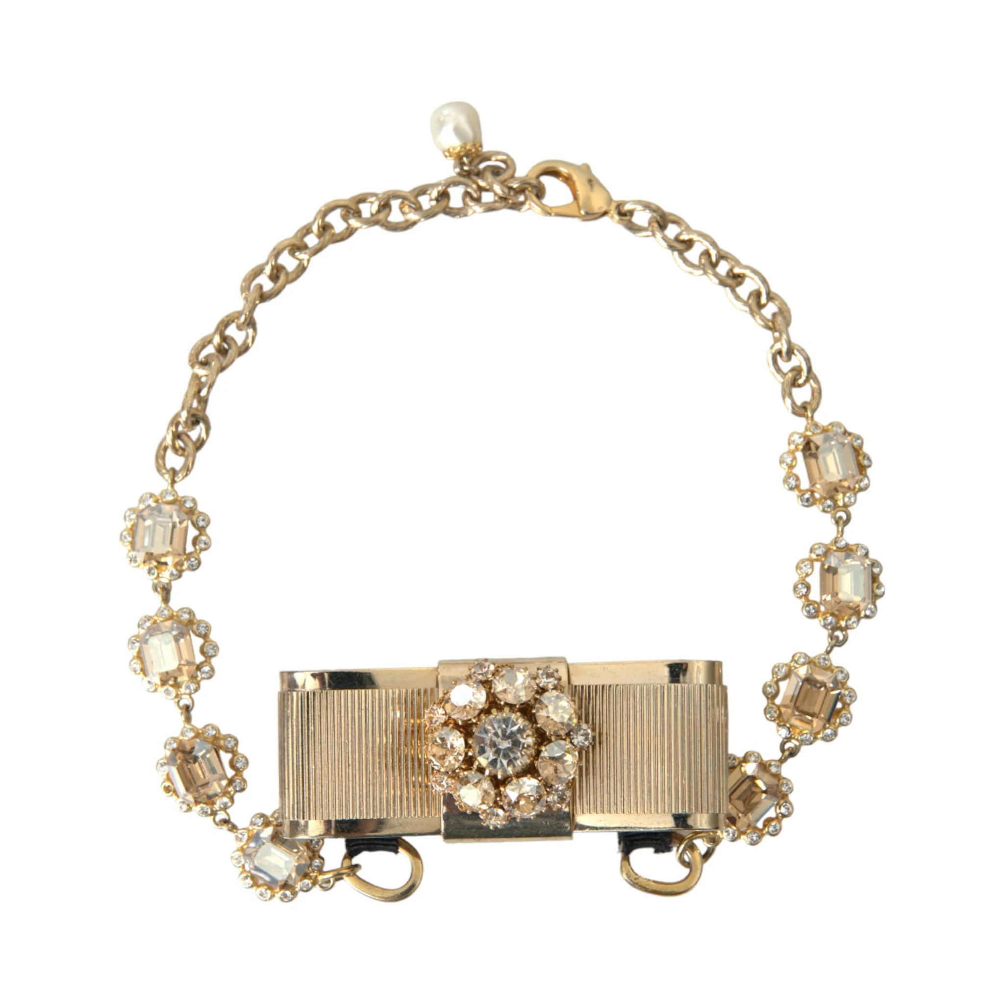 Gold Brass Clear Crystal Bow Chain Choker Necklace