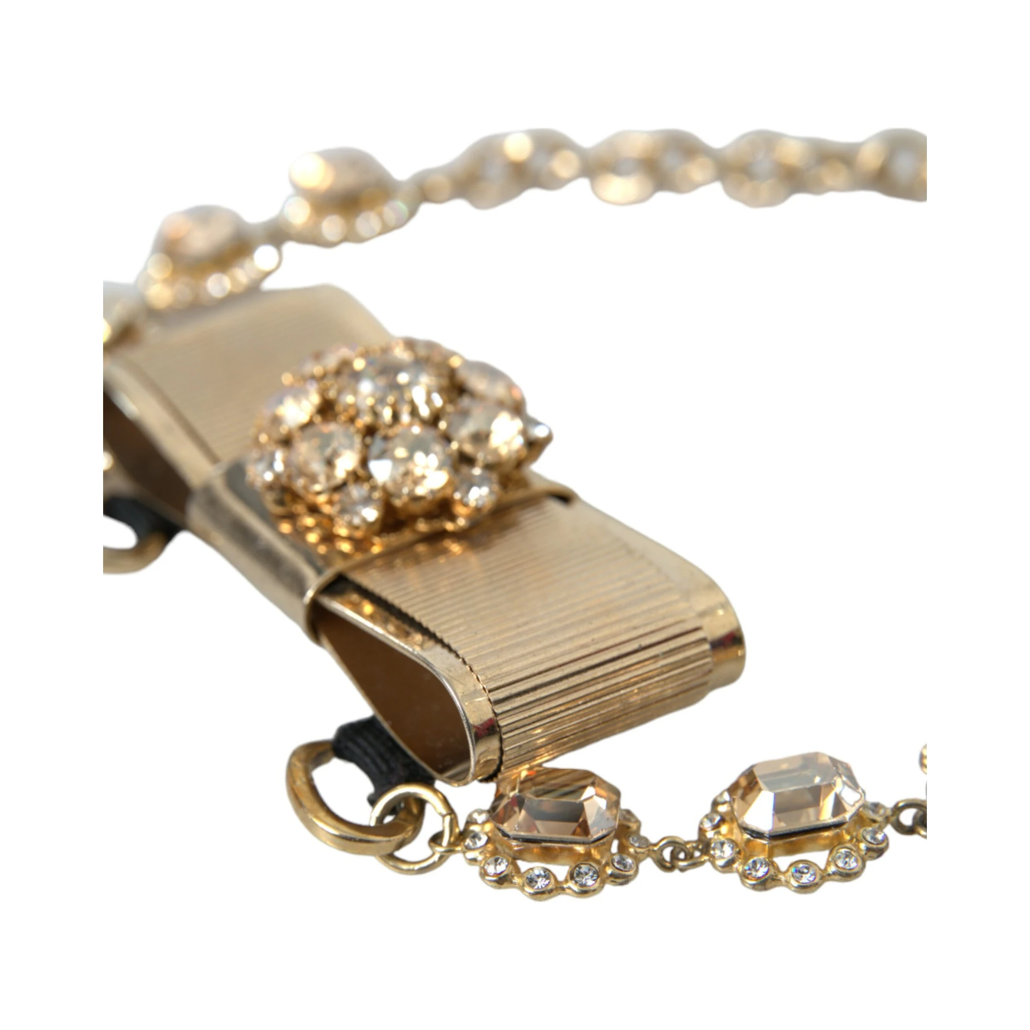 Gold Brass Clear Crystal Bow Chain Choker Necklace