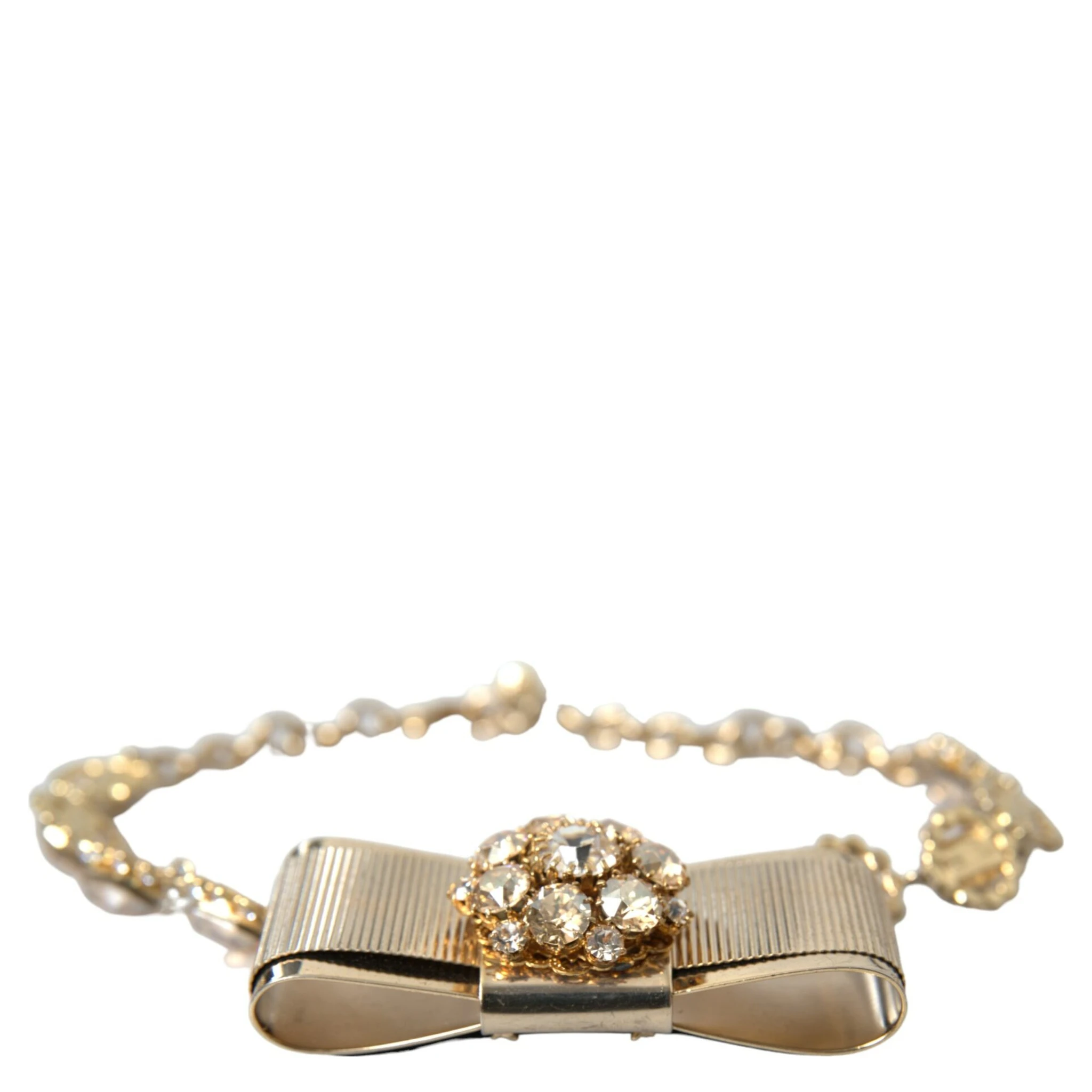 Gold Brass Clear Crystal Bow Chain Choker Necklace