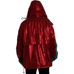 Red Nylon Hooded Pullover Sweatshirt Jacket