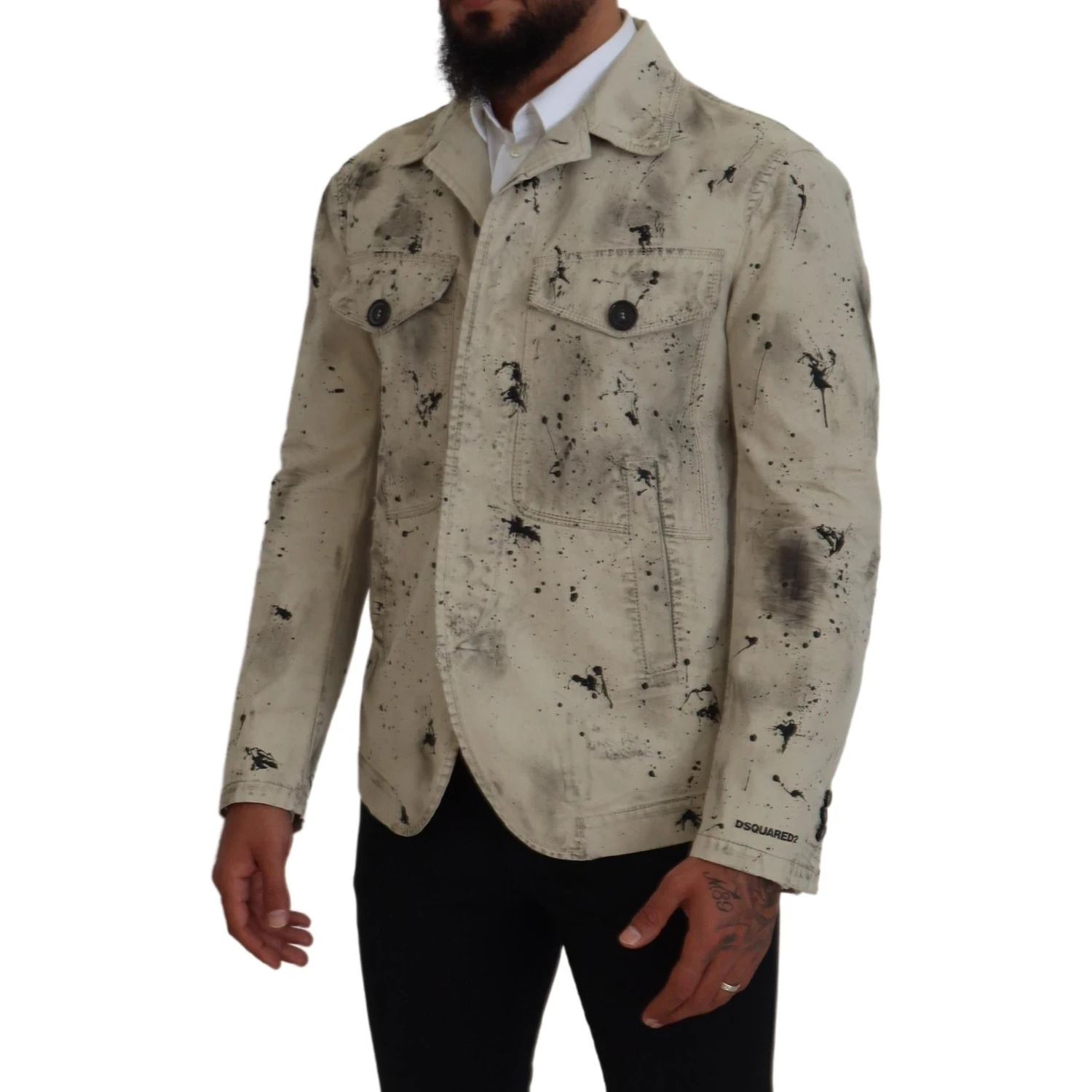 Off White Black Splash Print Casual Denim Jacket