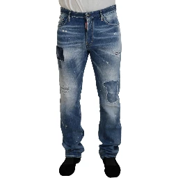 Blue Washed Tattered Straight Fit Casual Denim Jeans