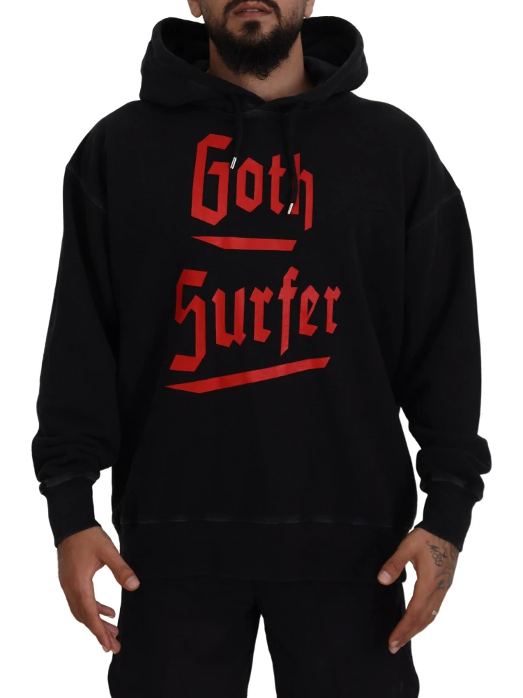 Black Cotton Hooded Printed Men Pullover Sweater