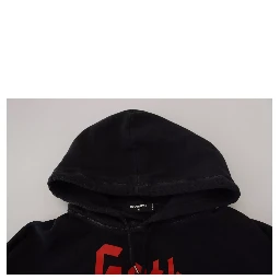 Black Cotton Hooded Printed Men Pullover Sweater
