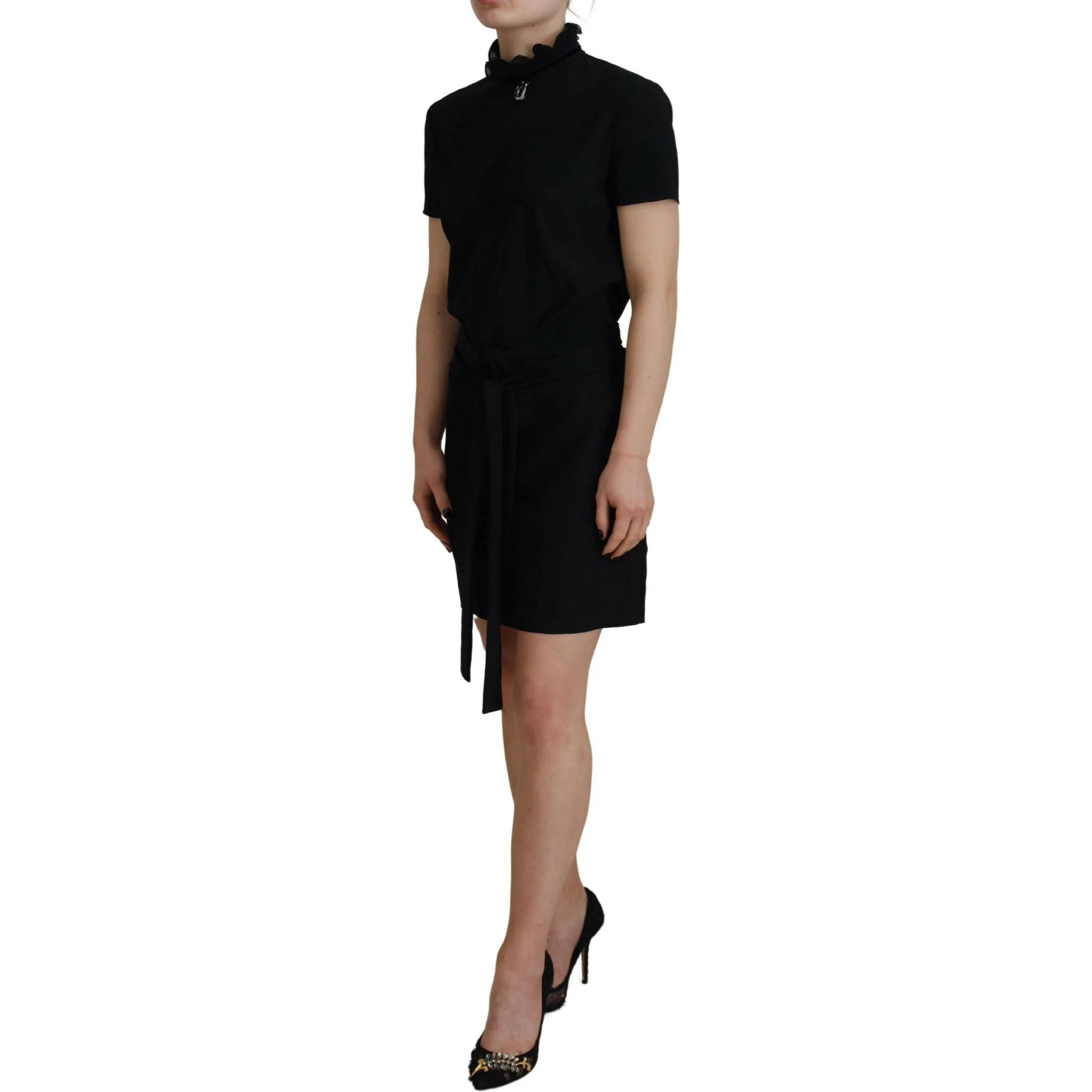 Black Polyester Short Sleeves Sheath Mini Dress