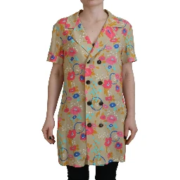 Multicolor Printed Collared Button Front Long Blouse Top