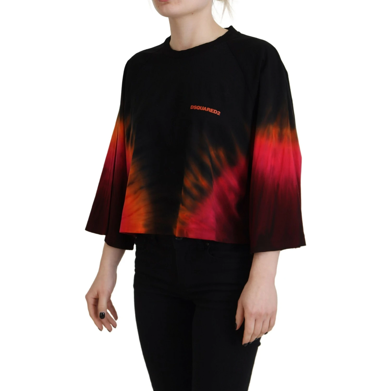 Black Cotton Tie Dye Crew Neck Casual Top
