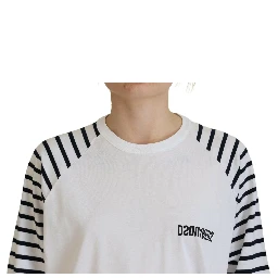 White Cotton Striped Crew Neck Short Sleeve Sweater
