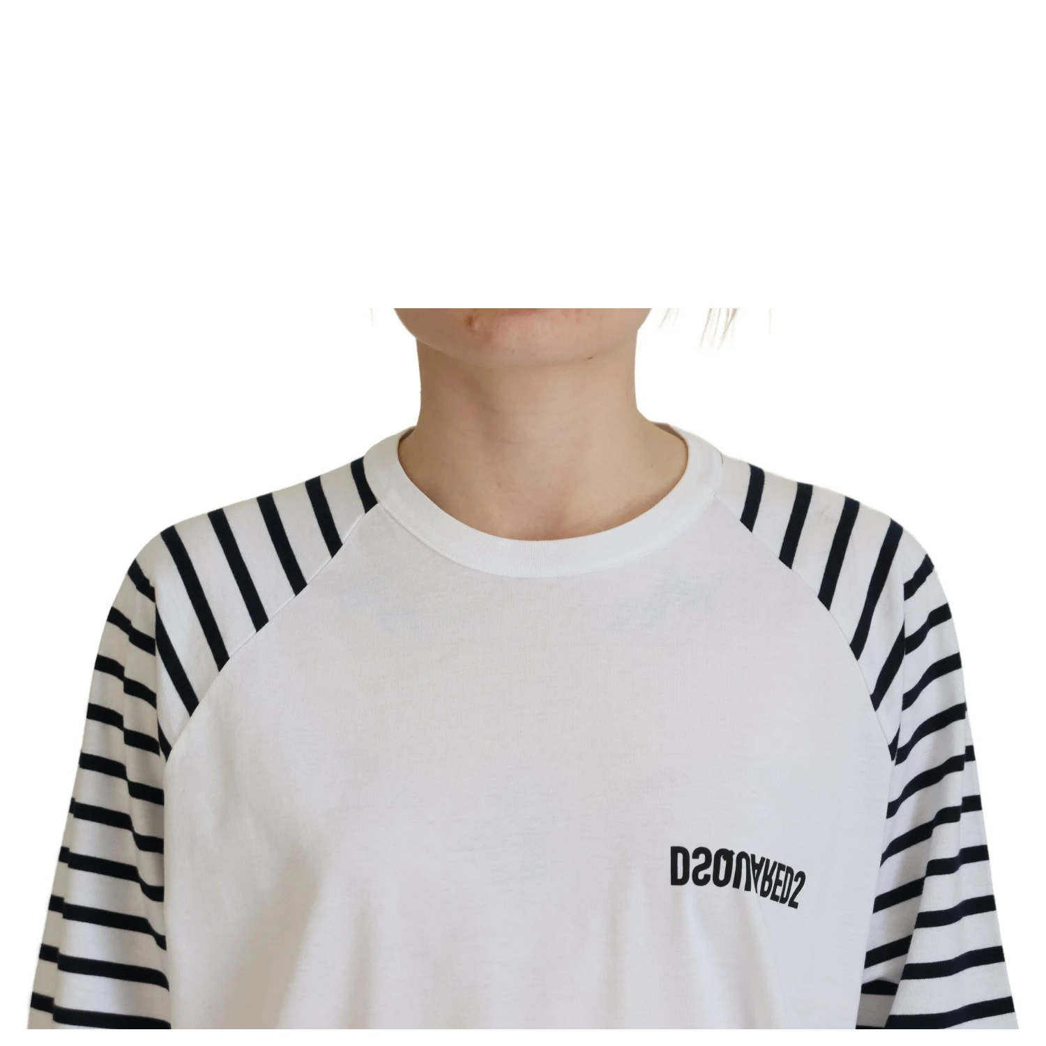 White Cotton Striped Crew Neck Short Sleeve Sweater
