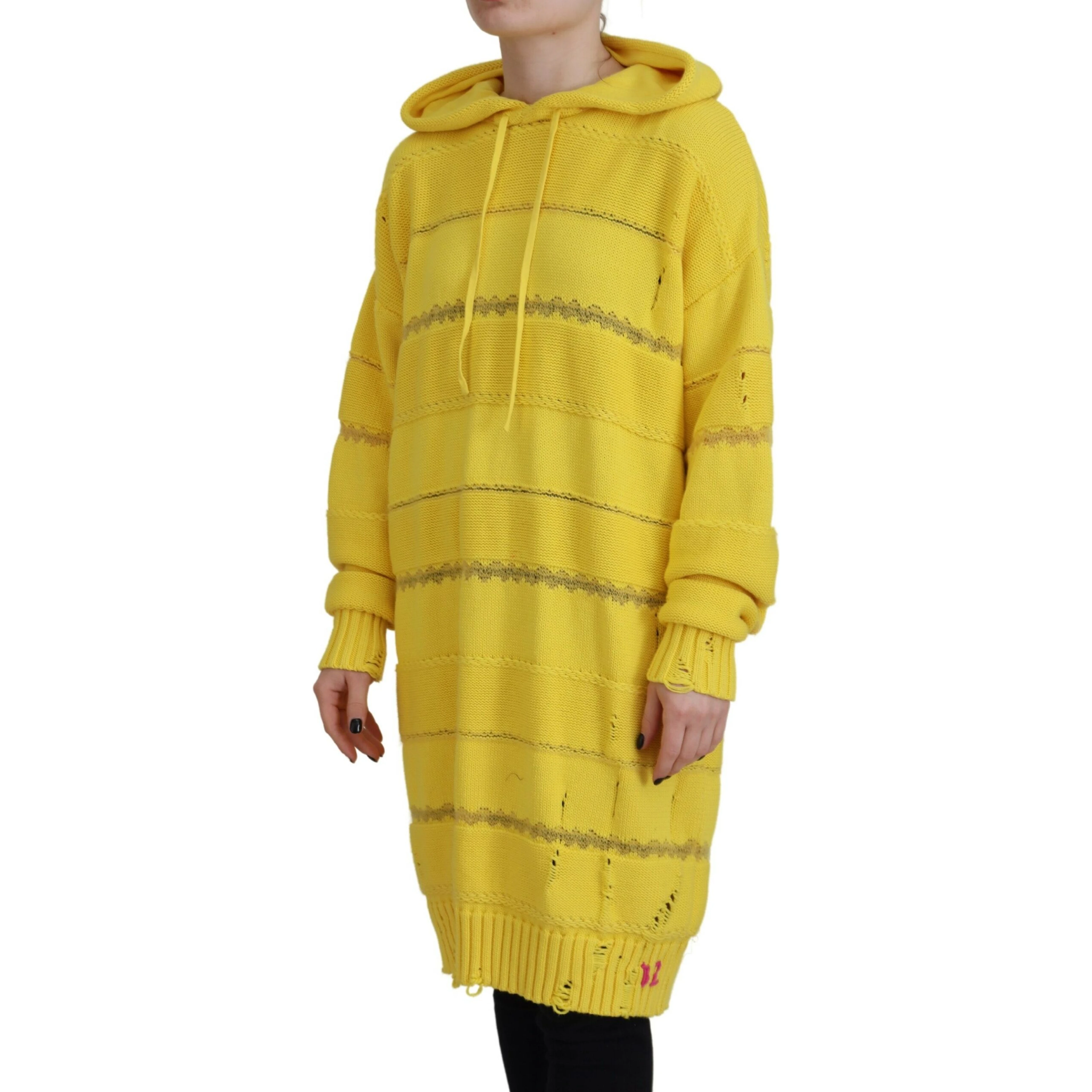 Yellow Cotton Knitted Hooded Pullover Sweater