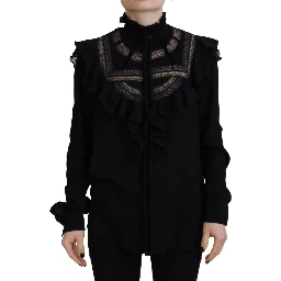 Black Lace Trim Turtle Neck Long Sleeves Top