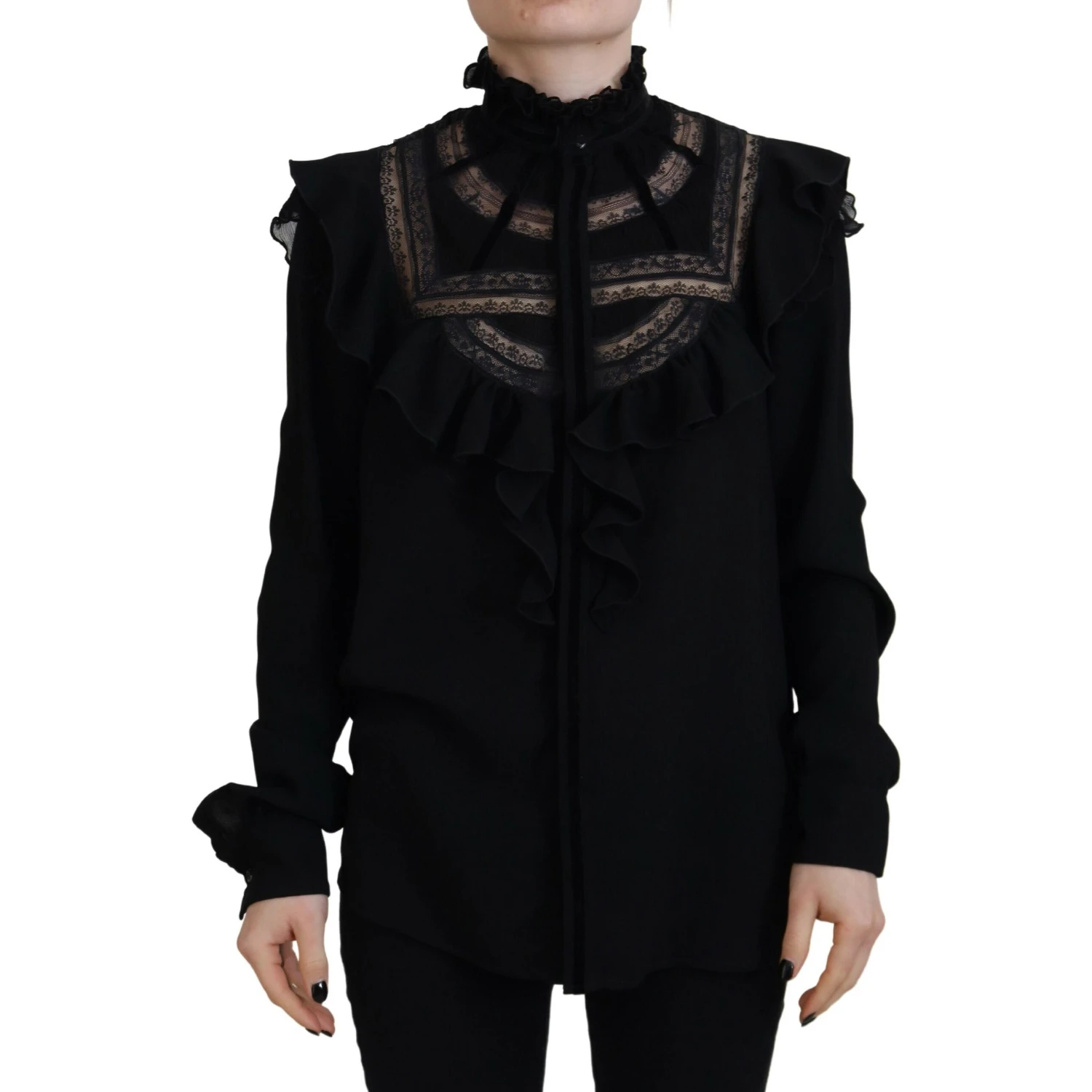 Black Lace Trim Turtle Neck Long Sleeves Top
