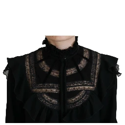 Black Lace Trim Turtle Neck Long Sleeves Top