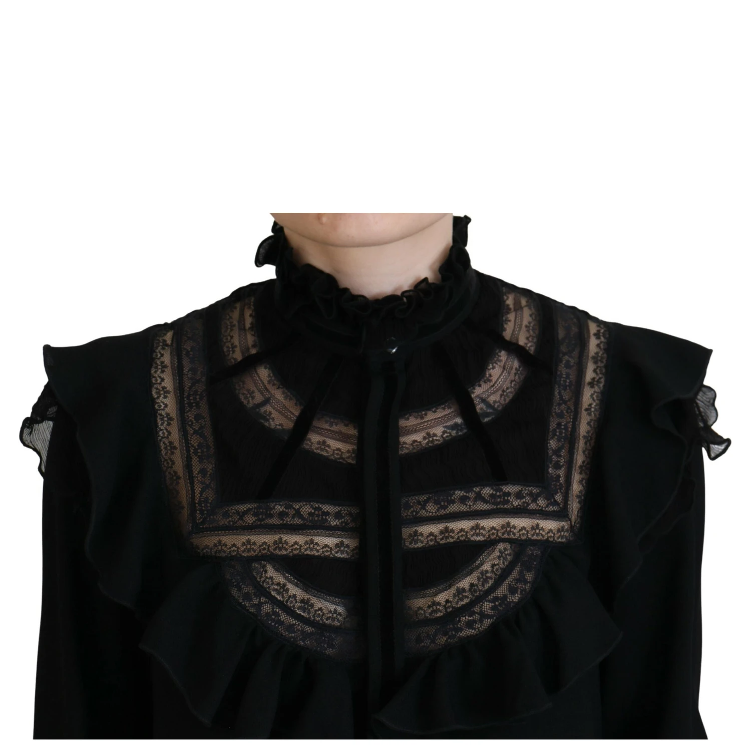 Black Lace Trim Turtle Neck Long Sleeves Top