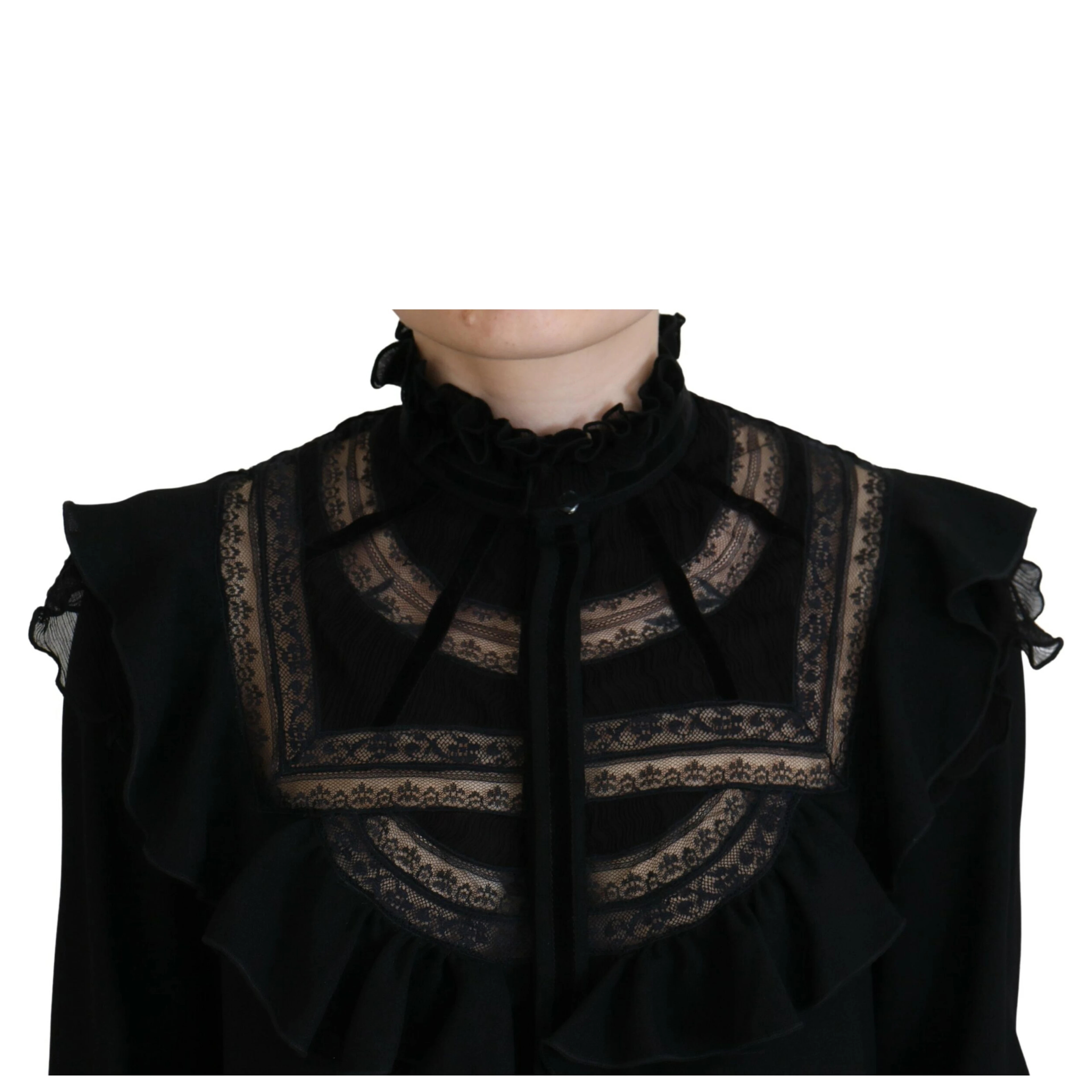 Black Lace Trim Turtle Neck Long Sleeves Top