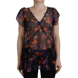 Black Floral Print Short Sleeves V-neck Blouse Top